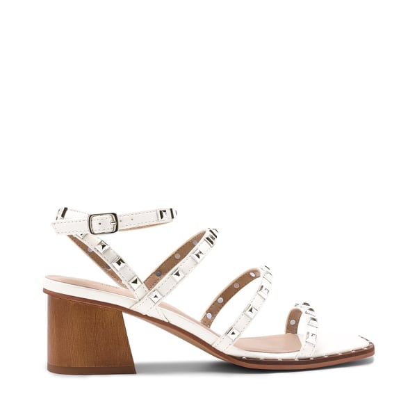 Clear Rhinestone Strappy Chunky Heels - WHITE PU RIVET - 2